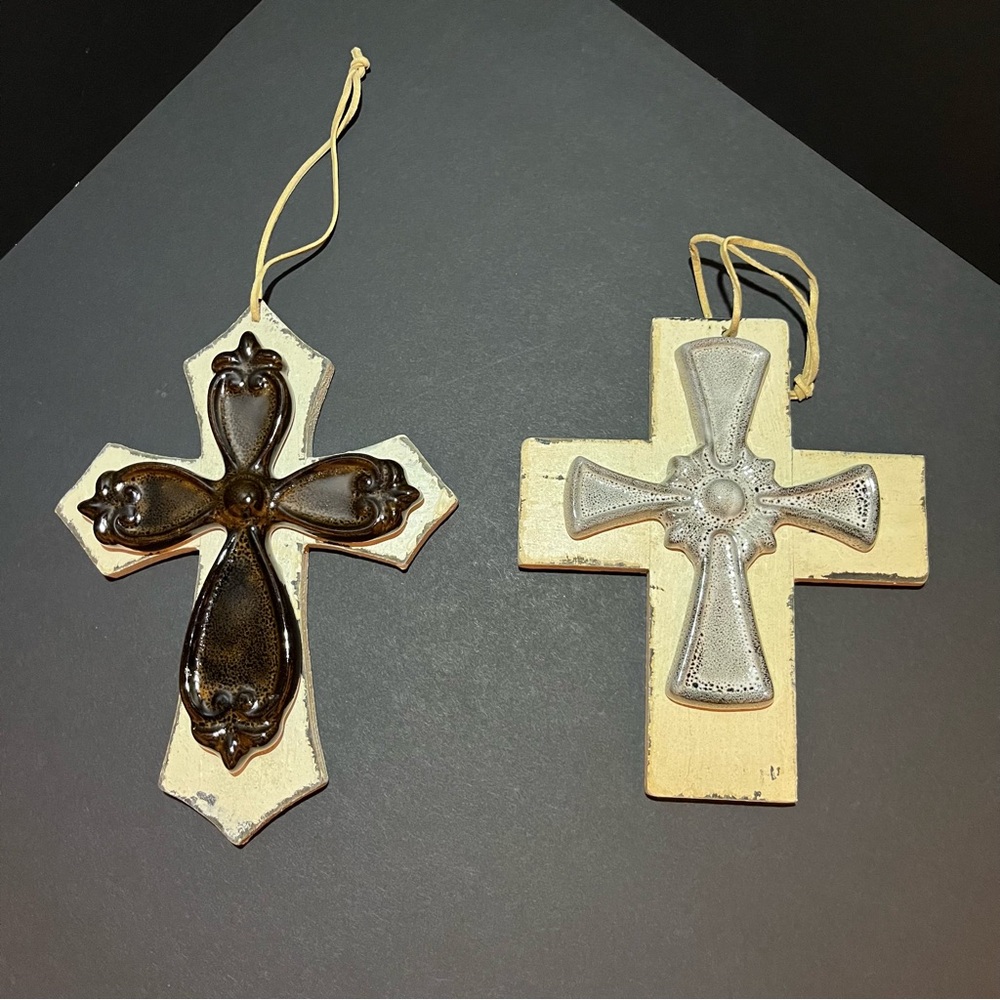2 decorative hanging cross wall decor wood ceramic rustic